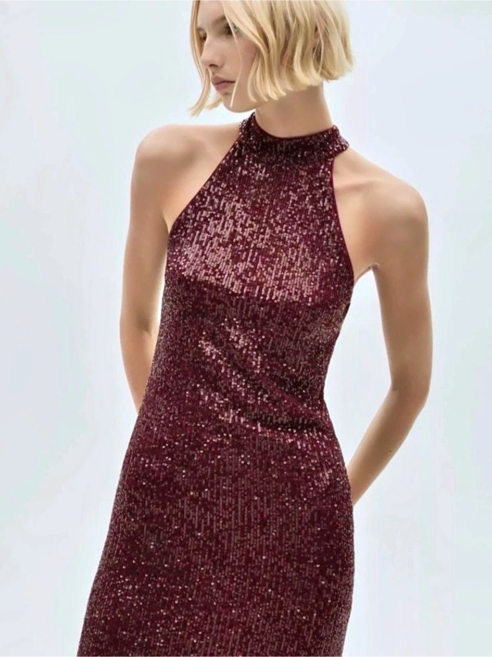 Mango Sequin Halter Mini Dress Burgundy